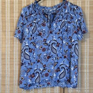 Loft Womens S Short Sleeve Paisley Blouse Top Blue Red Rushing Grannycore Office